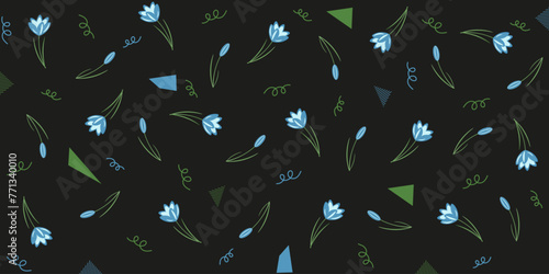 Snowdrops wallpaper with trendy Geometric Doodle element. Nature Spring seamless pattern. Vector illustration can used wallpaper bed linen textile print. EPS 10