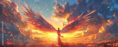 Panorama of a Gods celestial angel with open wings looking at the sunset, Generative AI photo