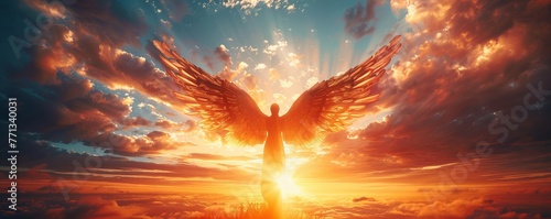 Panorama of a Gods celestial angel with open wings looking at the sunset, Generative AI photo