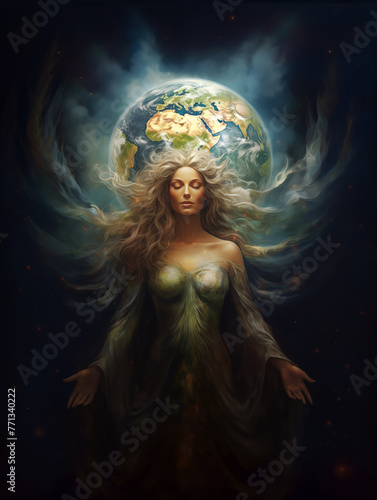 Cosmic goddess in space and in the background is planet earth.