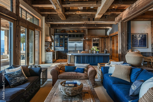 Modern Mid century Navy Blue Rustic style house interior and living room Zen Spaces. © BoubouArt