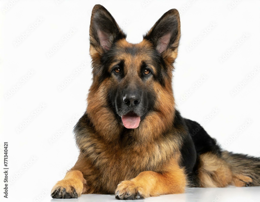 German Shepherd lying down, isolated against a white background