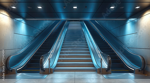 A modern industrial-style staircase, serving as the main entrance to an underground fitness facility. Generative AI.