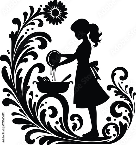 women silhouette, washing dishes, house cleaning, flowers ornament decoration, floral vector design. 