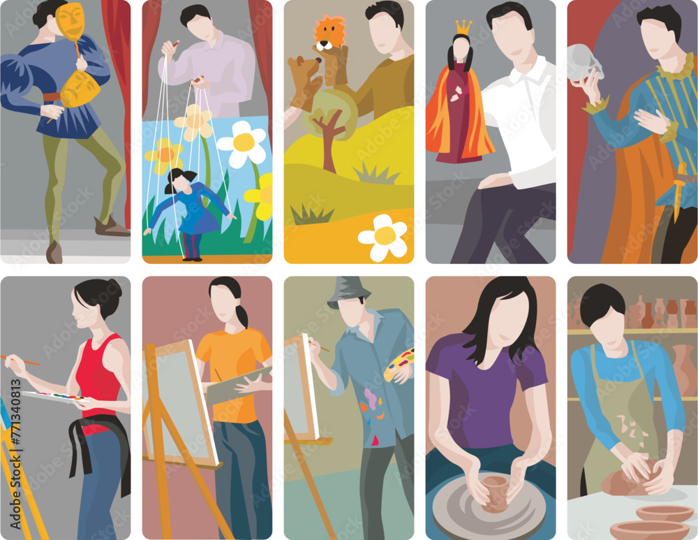 Obraz premium Art professions vector illustrations, collection of artistic, creative and hobby occupations. Diversity of theater actors, painters and potters at work.