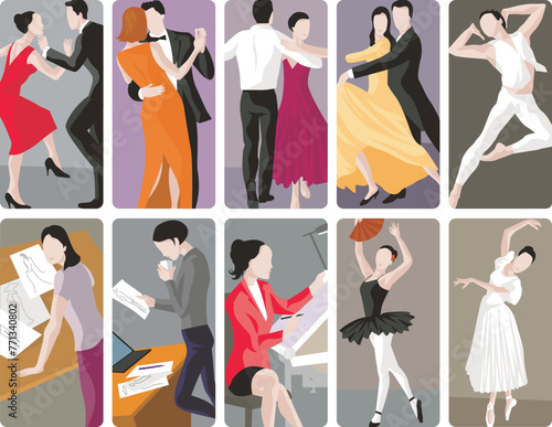 Art professions vector illustrations, collection of artistic and creative occupations. Ballet, classic and modern dancers, professional and amateur. Fashion designers and tailors at work.