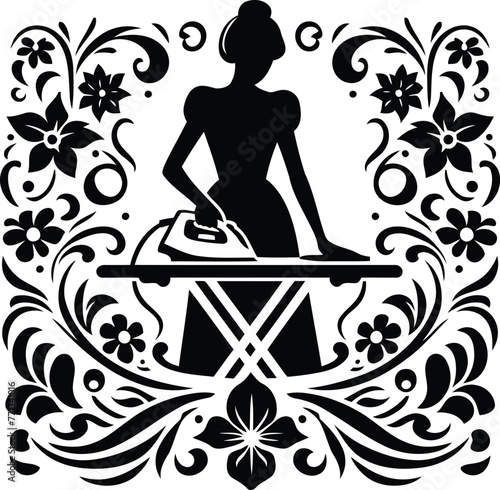 women silhouette, ironing cloth, house cleaning, flowers ornament decoration, floral vector design. 