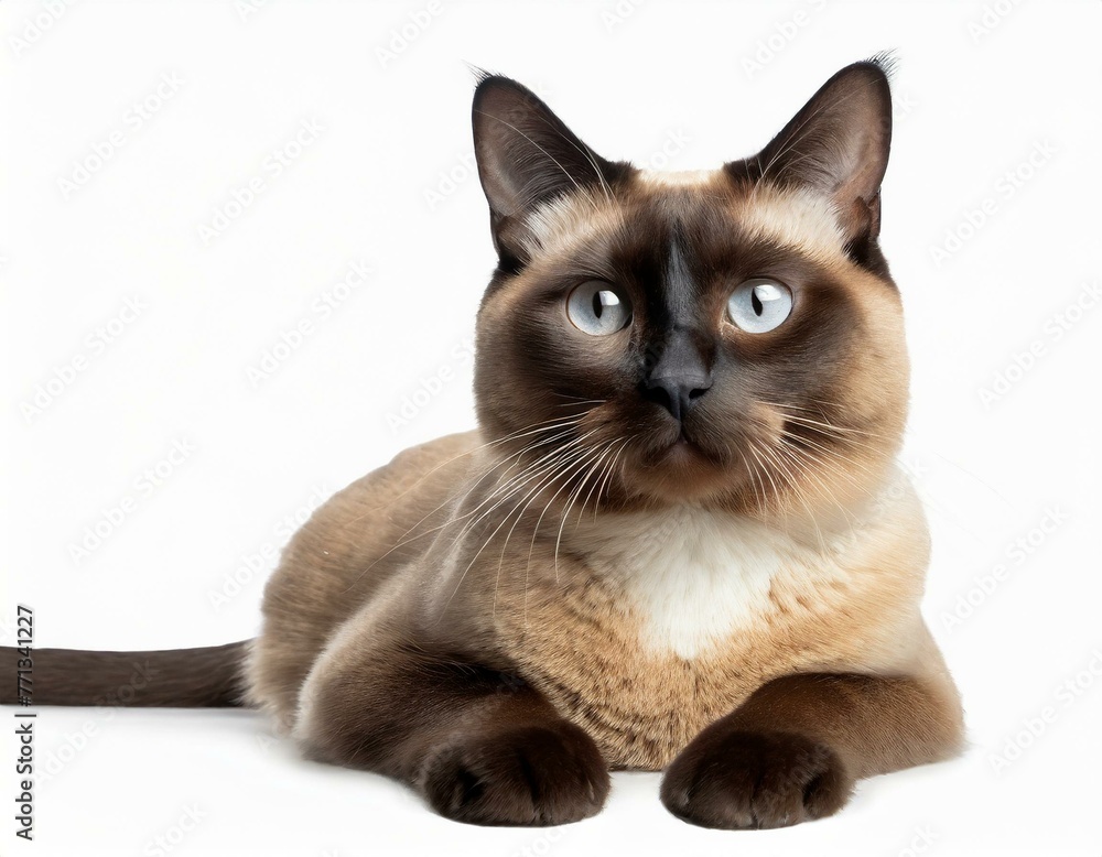 Siamese cat lying down, isolated against a white background