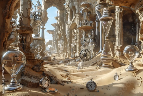 : An endless desert filled with a myriad of different-sized hourglasses and pocket watches, slowly running out of sand, surrounded by ancient, weathered ruins