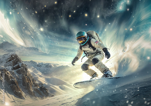Astronaute qui fait de la planche à neige, sur une planète inconnue, montagnes, projection de neige, étoiles, espace