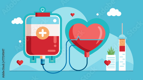 Blood bag with a red heart symbol, indicating love and the importance of blood donation. World blood donor day - June 14. Space for text.