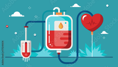 Blood bag with a red heart symbol, indicating love and the importance of blood donation. World blood donor day - June 14. Space for text.