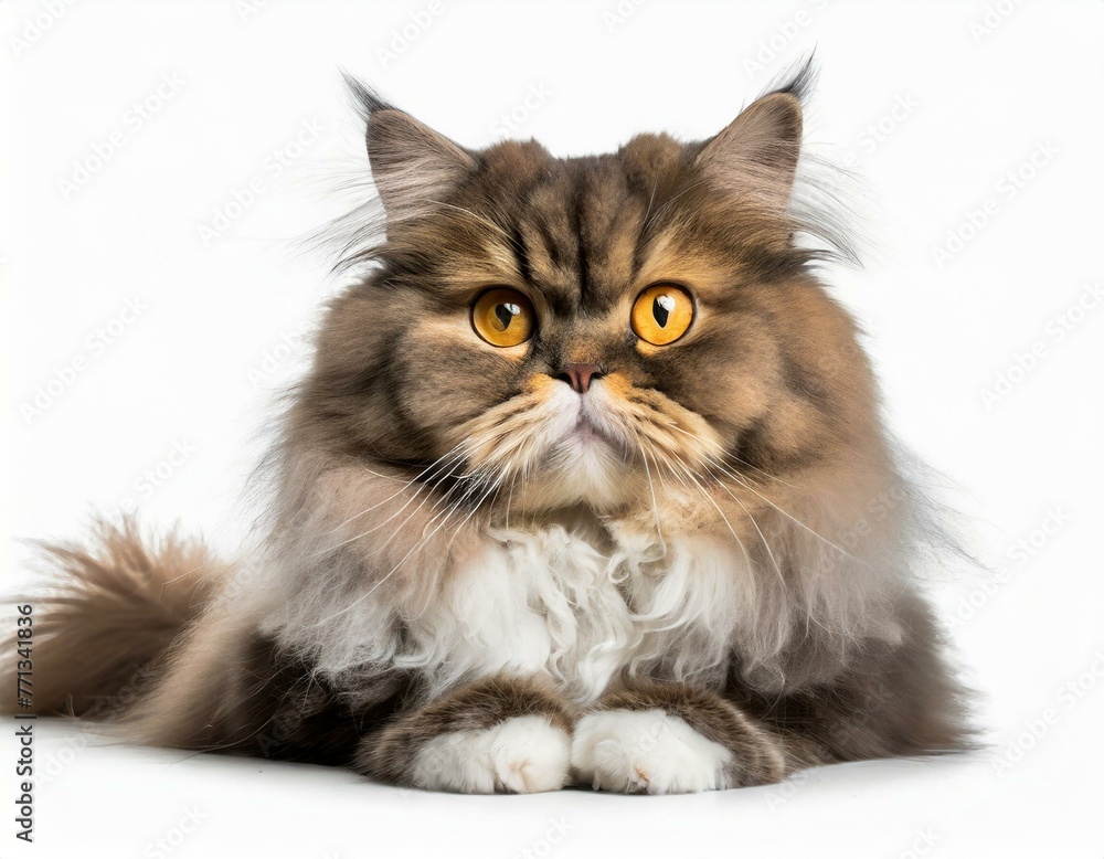 Persian cat lying down, isolated against a white background