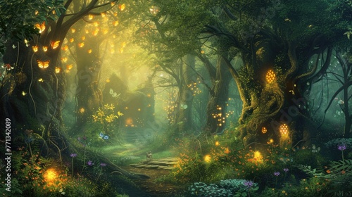 An enchanted forest with magical creatures, glowing plants, ancient trees, a hidden fairy village, mystical ambiance. Resplendent. photo