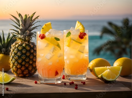 Tropical mocktail cocktail at sunset on the beach