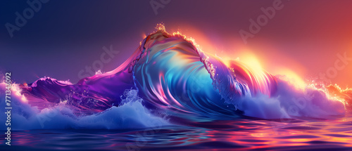 A wave in the ocean is illuminated by a pink and blue neon light.