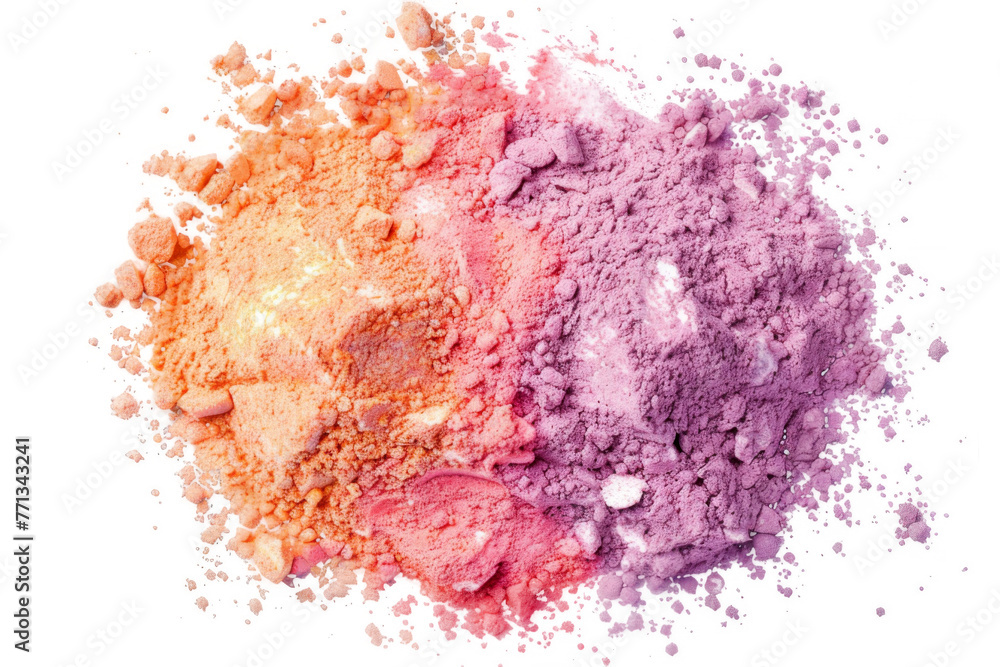 Heap of flour colorful powder with freeze isolated on background, abstract pile ground splatter of colored dust powder.