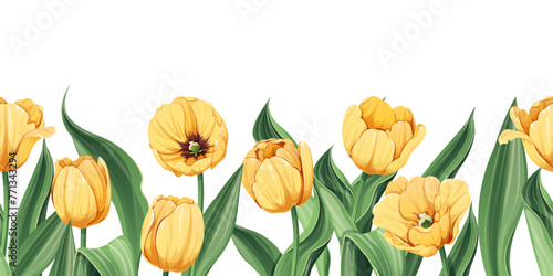 Seamless border of yellow tulips on an isolated background. Illustration with spring flowers for Easter, Mother s Day, etc. Suitable for decor, fabric, cards, backgrounds, wallpapers