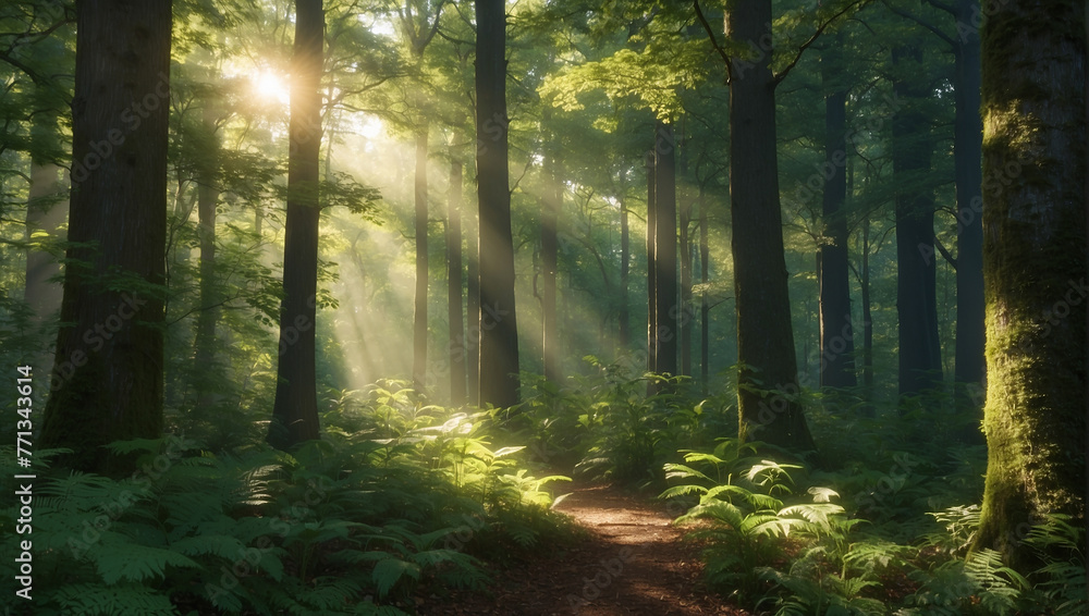 A photo of sunlight shining through trees in a forest.

