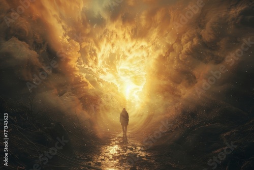 A man walking through a dark valley toward the heavenly light trusting in God, Generative AI