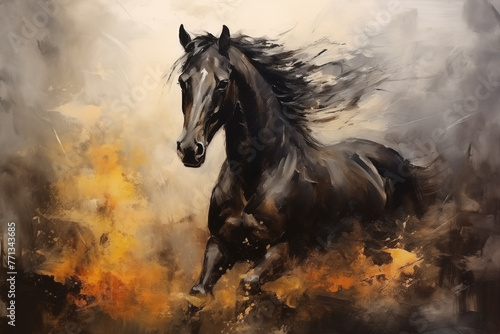 abstract artistic background with a black horse, in oil paint type design