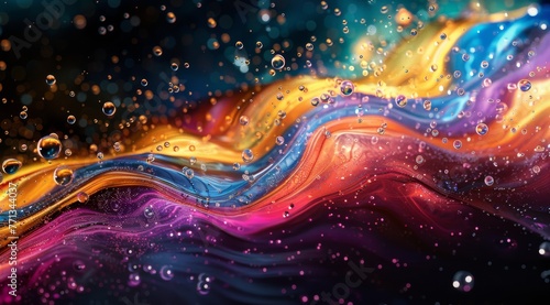 Colorful paint swirls and droplets on surface. This image captures a vibrant mix of colorful paint swirling together  creating a dynamic and fluid abstract pattern with droplets scattered throughout 