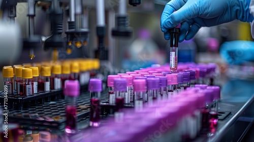 Laboratory Technician Sorting Blood Sample Tubes. Lab technician organizes blood samples in test tubes for analysis in a modern medical laboratory environment.