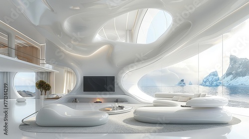 Sci-fi space, white modern mansion, spacious living room with LCD TV, futuristic design, large windows. Generative AI.