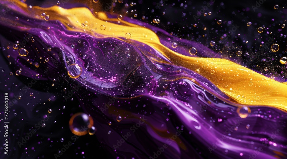Colorful paint swirls and droplets on surface. This image captures a ...
