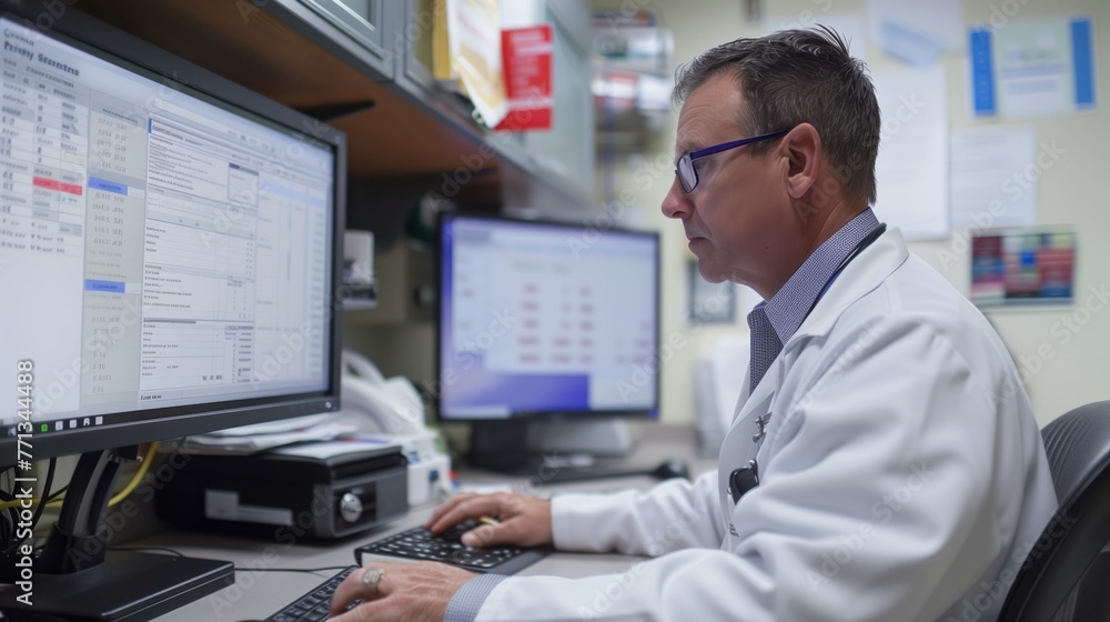 Healthcare Professional Working on Computer in Clinic. Healthcare provider is intently working on a computer in a clinical office, managing electronic medical records. Healthcare Professional Working on Computer in Clinic. Healthcare provider is intently working on a computer in a clinical office, managing electronic medical records.