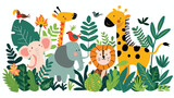 Cartoon wild animals in the jungle flat vector isolated