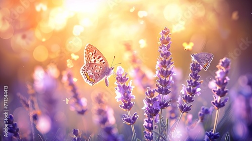 Amazing beautiful colorful natural scenery. Lavender flower and two butterflies in summer sunlight in spring outdoors on macro nature, soft focus ,Generative ai, 