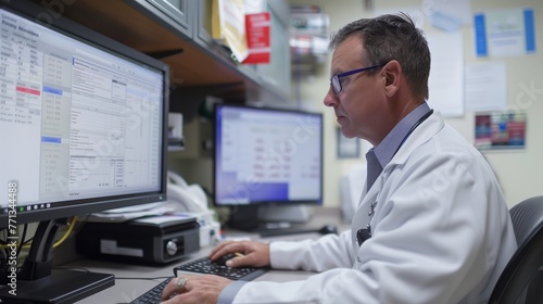 Healthcare Professional Working on Computer in Clinic. Healthcare provider is intently working on a computer in a clinical office, managing electronic medical records.