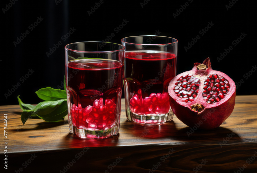 Two small red pomegranates with a glass of water sit on a wooden table, their bold colors, strong lines, and sumatraism apparent in dark pink and light emerald. Two small red pomegranates with a glass of water sit on a wooden table, their bold colors, strong lines, and sumatraism apparent in dark pink and light emerald.