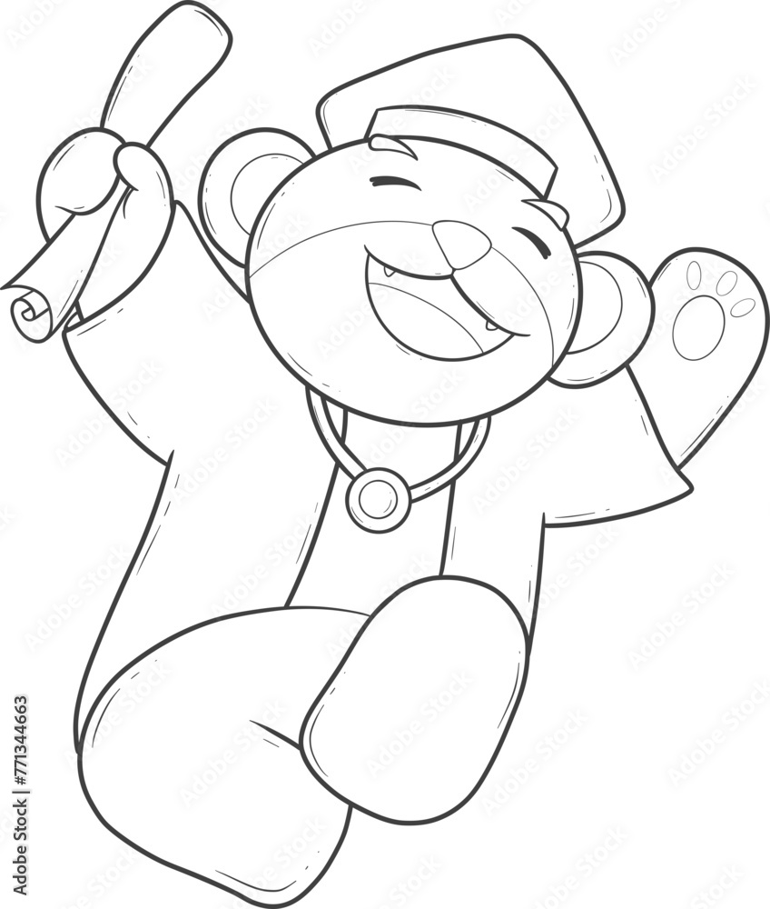 Obraz premium Cartoon of a happy brown bear in a graduation cap holding a diploma outline