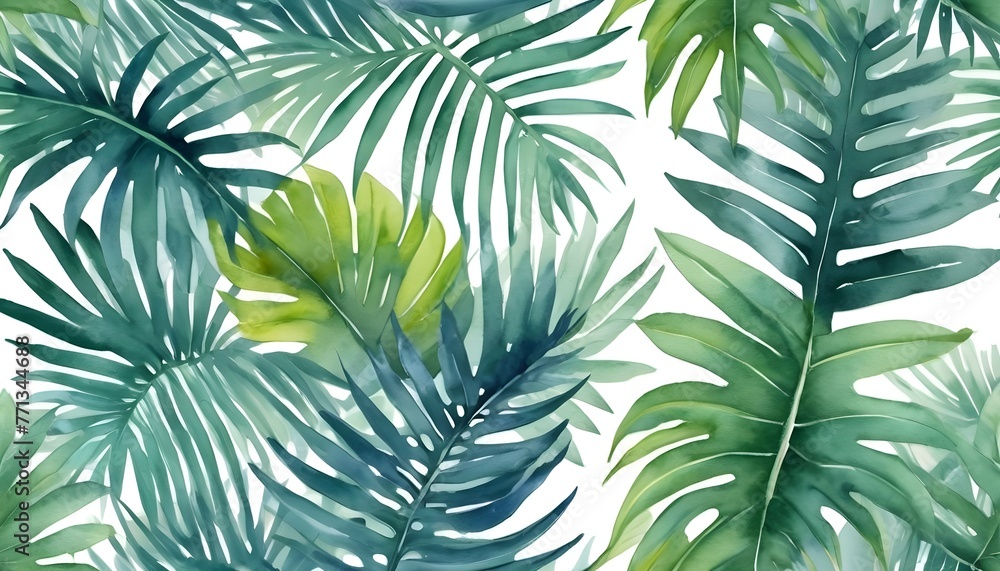 Watercolor Tropical Seamless pattern. Modern summer jungle motif. Palm leaf endless repeat. Botanical exotic plants leaves. Painted background for textile, surface, fashion, swimwear, fabric design.