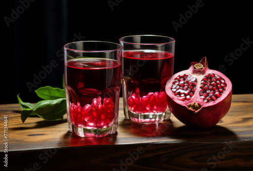 Two small red pomegranates with a glass of water sit on a wooden table, their bold colors, strong lines, and sumatraism apparent in dark pink and light emerald. photo