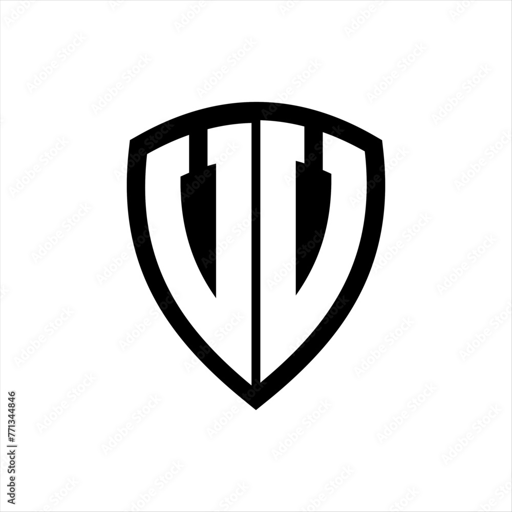 VV monogram logo with bold letters shield shape with black and white color design VV monogram logo with bold letters shield shape with black and white color design