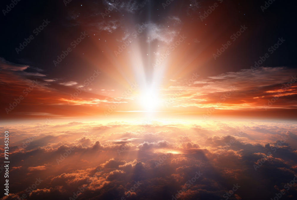 Earth is visible from space, its spiritual resonance, sunrays shining upon it, y2k aesthetic, post-apocalyptic themes, and romantic atmosphere apparent. Earth is visible from space, its spiritual resonance, sunrays shining upon it, y2k aesthetic, post-apocalyptic themes, and romantic atmosphere apparent.