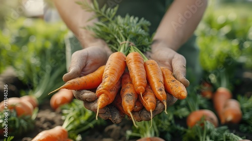 Shot of Young farmer hands with bunch of freshly harvested carrots. Generative AI.
