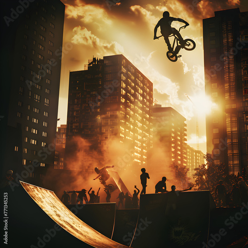Action-Packed Extreme Urban Sports Scene - Thrilling Skateboard and BMX Stunts against Cityscape Backdrop
