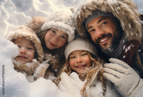Children and family lay in the snow, their detailed facial features, white and amber colors, combining natural and man-made elements, happycore, and spot metering apparent. photo