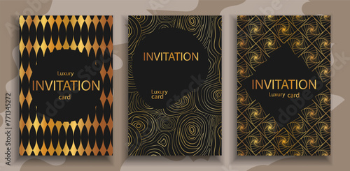 Luxury invitation card background set. Abstract Golden geometric shape, gold line gradient on dark background. Premium design  for gala card, grand opening, party invitation, layout, templates. 