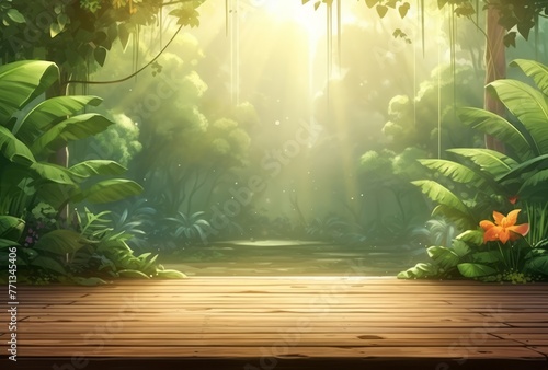 A rustic wooden platform with tropical trees sits on a green background, sunrays shining upon it, its animated gifs, nature-inspired pieces, studyplace, and blurry details apparent.