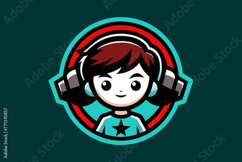 Gaming logo, a gamer cute boy in the middle with headphones.