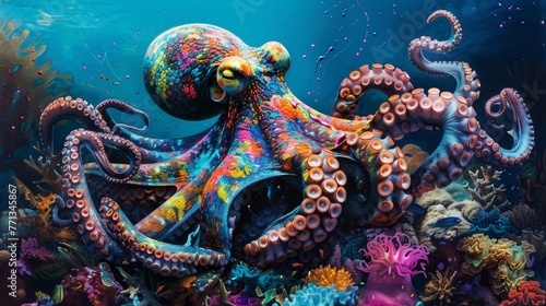 A giant octopus wearing a painters smock splatters vibrant colors on a coral reef canvas drawing photo