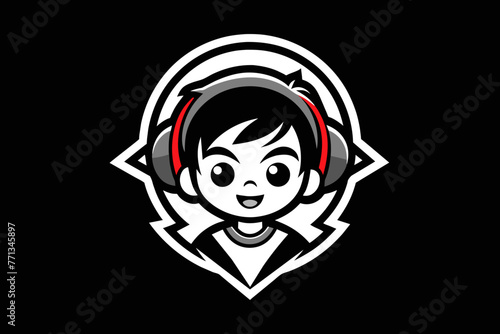 Gaming logo, a gamer cute boy in the middle with headphones.