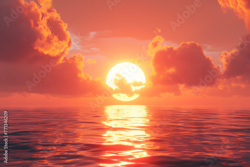 Red sunset over the sea. Large and round sun shining brightly against an orange sky with dark clouds. In front of it lies calm water reflecting its light.   photo