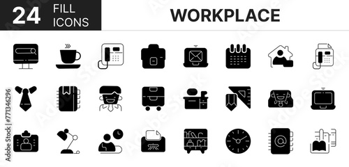 Collection of 24 workplace fill icons featuring editable strokes. These outline icons depict various modes of workplace, business, management.