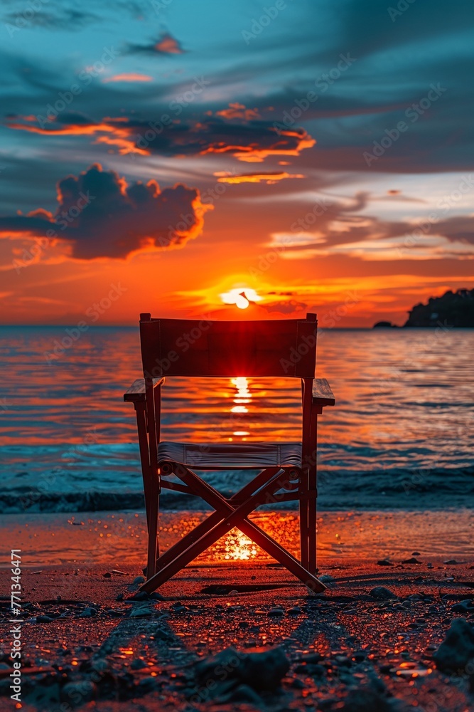 Directors chair silhouette, sunset, wide view for an iconic industry wallpaper , high-resolution Directors chair silhouette, sunset, wide view for an iconic industry wallpaper , high-resolution